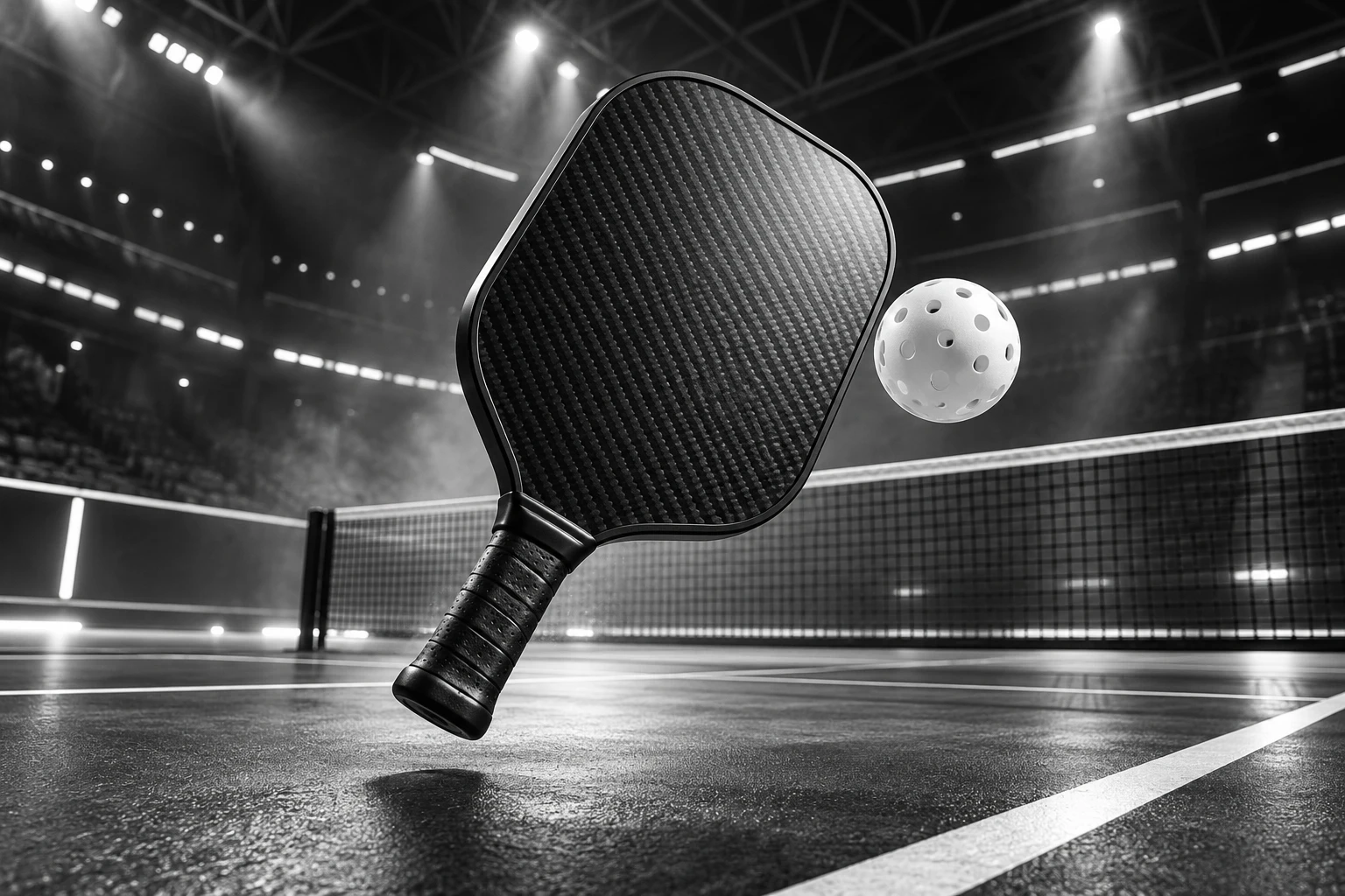 Original monochrome concept art of a carbon-fiber pickleball paddle and perforated ball above a court